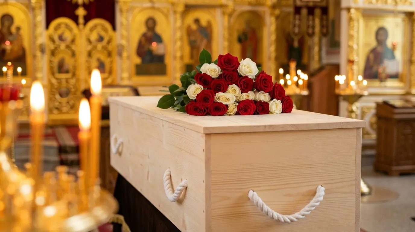 Simple pine casket with red and white roses in an Orthodox church, Navasota Texas