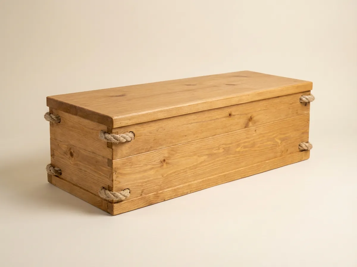 Handcrafted small wooden pet coffin with rope handles, Navasota Texas