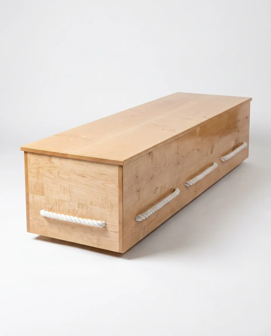 Handcrafted maple wood coffin with rope handles, Navasota Texas