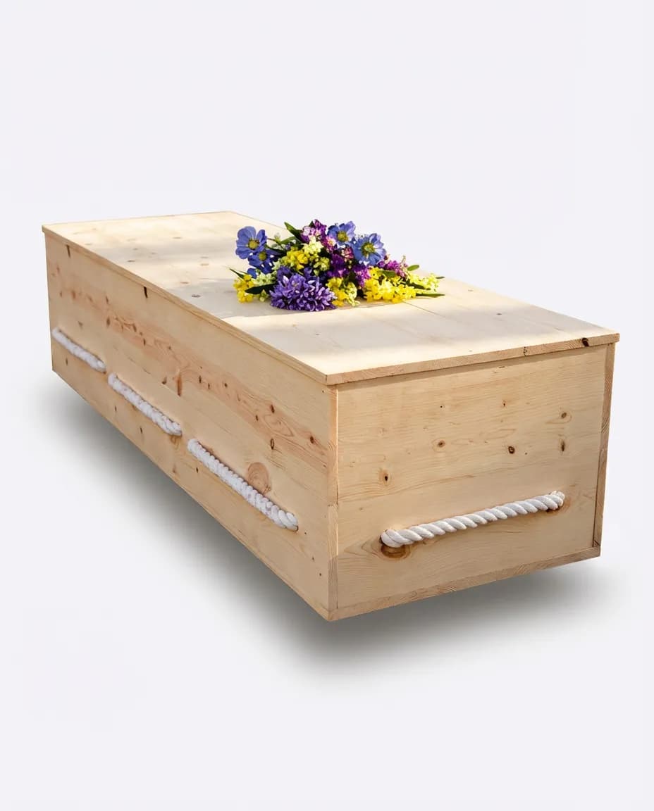 Handmade pine wood coffin with rope handles, Navasota Texas